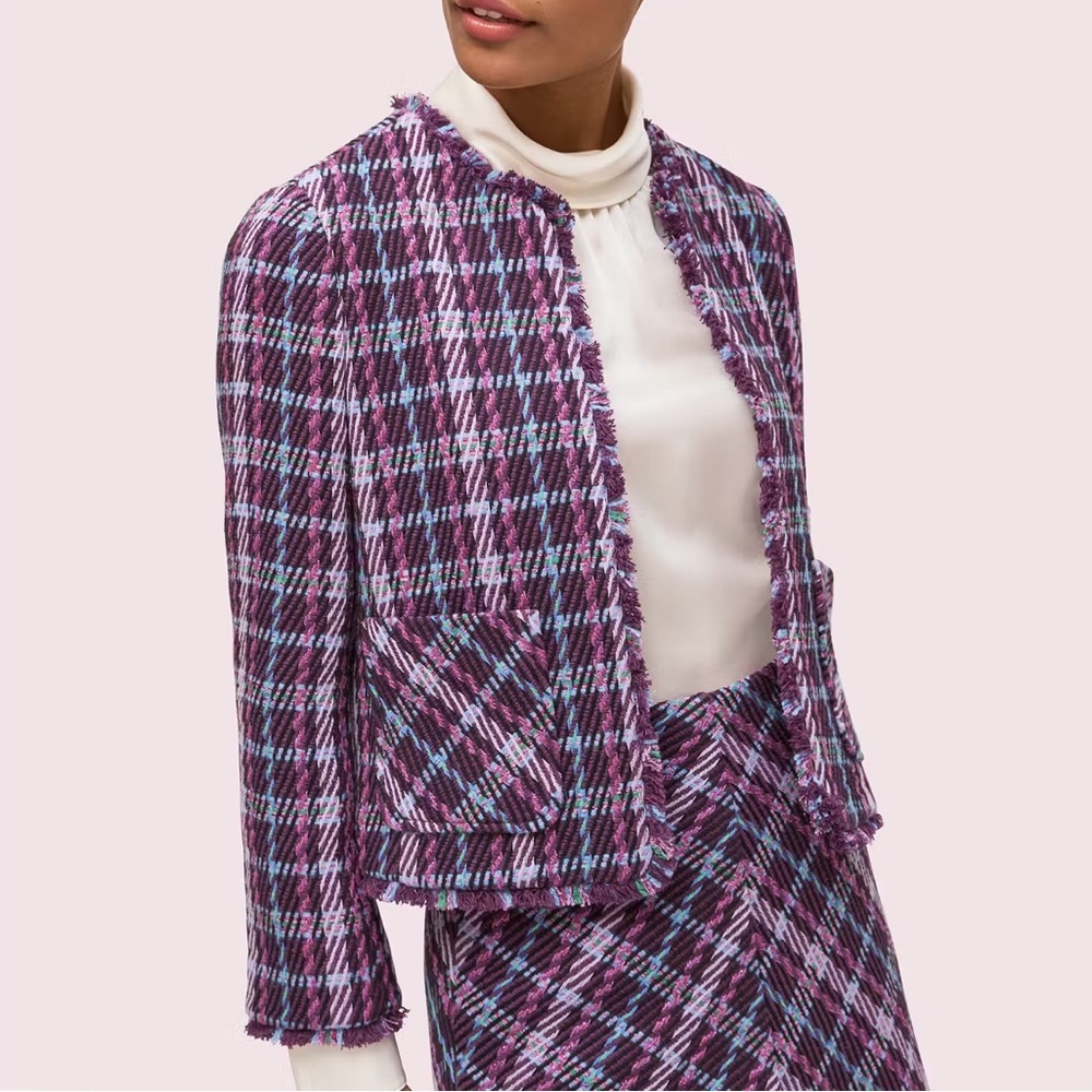 Kate Spade Plaid Tweed Metallic Pink Purple Jacket